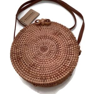 Round Woven Rattan Basket Purse With Leather Strap